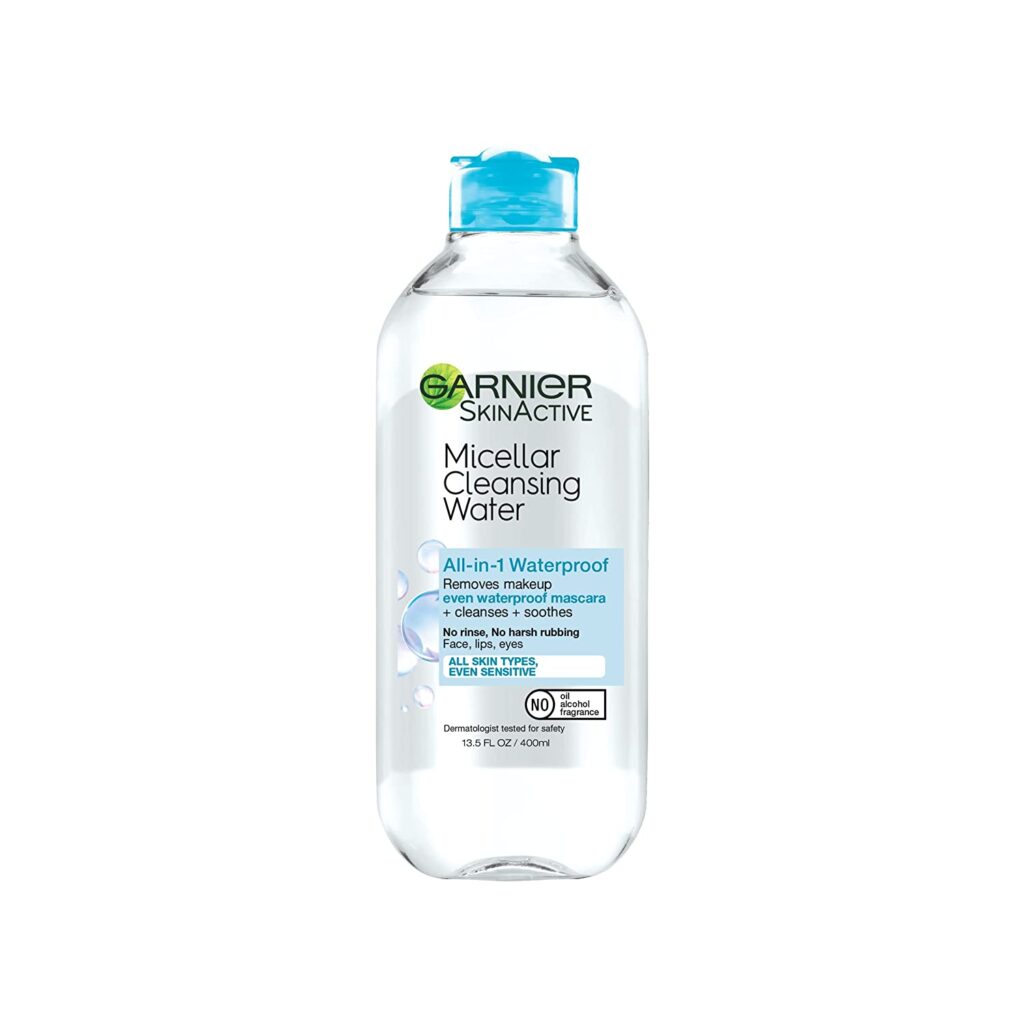 a bottle of Garnier SkinActive Micellar Water For Waterproof Makeup, Facial Cleanser & Makeup Remover on a white background