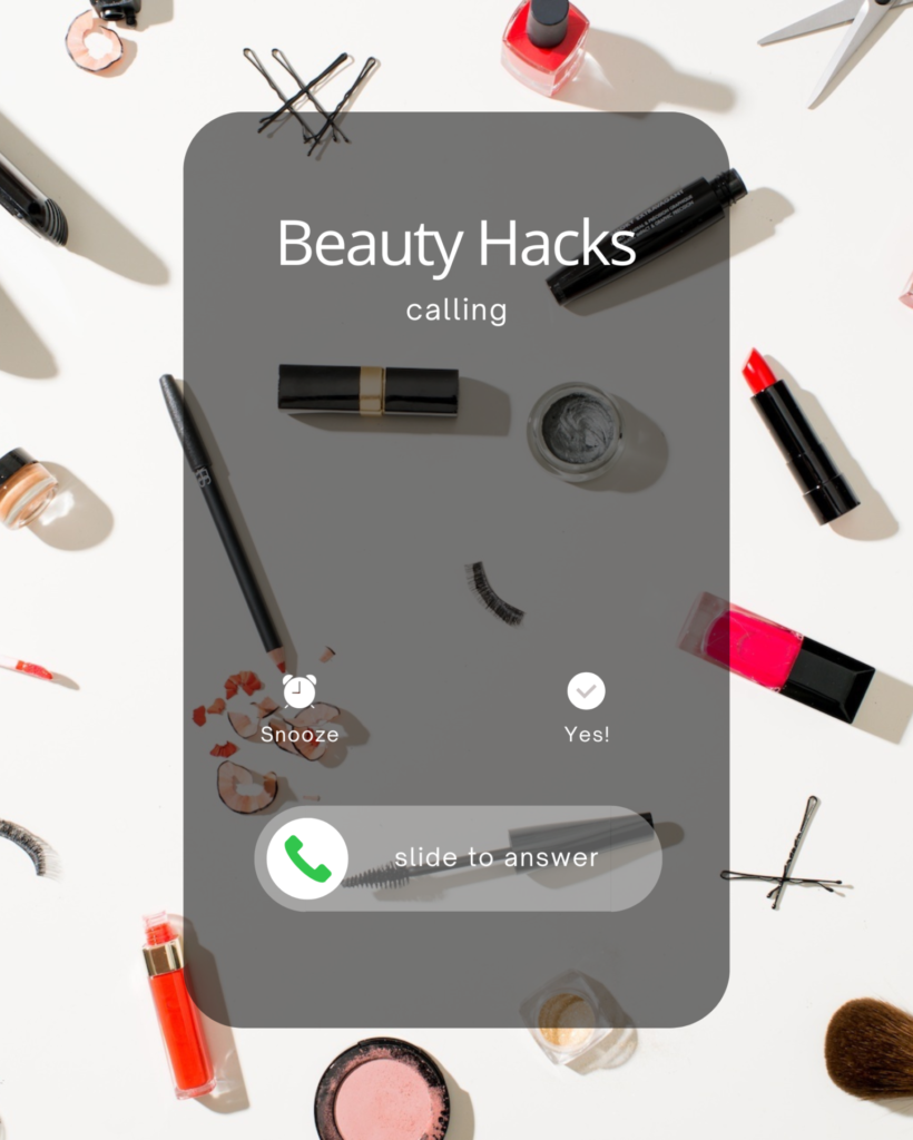 iPhone caller id with assorted Lipstick, Eye lashes and Beauty tools in the background. 5 Beauty Hacks That Will Change Your Life